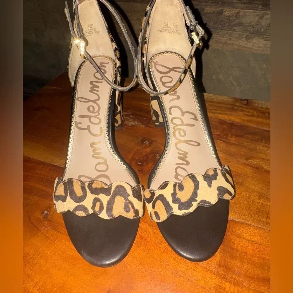 Sam Edelman Odila Leopard Calf Hair Scalloped Ankle Strap Block Heel Sandal 9M